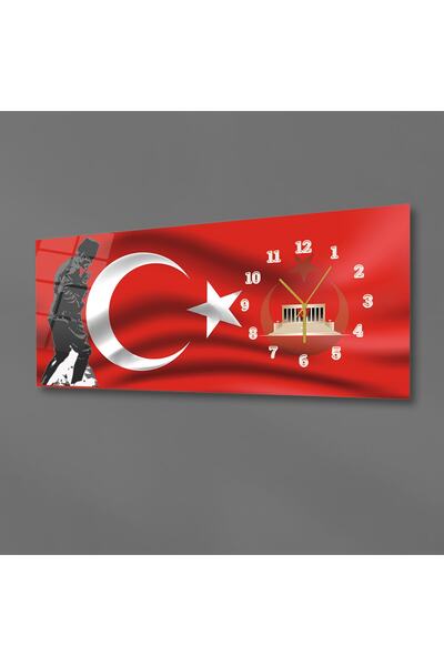 marpanya Atatürk ve Türk Bayrağı Yatay Saatli Yandan Vatan Temalı Cam Tablo 016