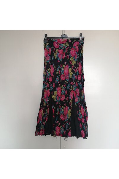 STAR İNDİA Otantik pamuk bürümcük siyah çok renkli desenli el işi pul nakışlı ipli tülbent astar etek Hint Malı