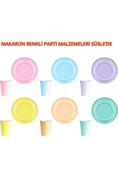 Parti Station Macaron Yellow Color Pastel Yellow Color Paper Plate Cup Set 32 Pieces Pink Yellow Green Blue Salmon Color