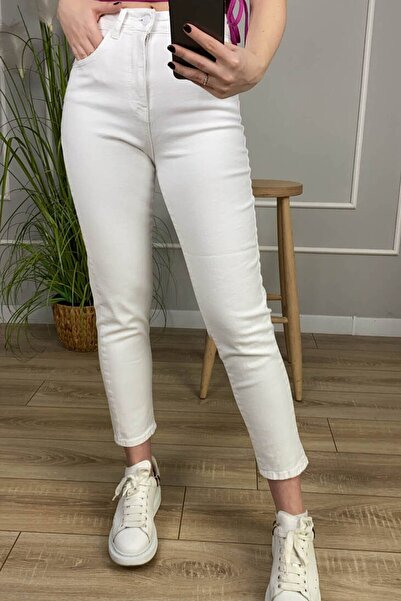 LİMABEL Kadın Yüksek Bel Beyaz Likralı Mom Jeans Esnek Kot Pantolon İç Göstermez