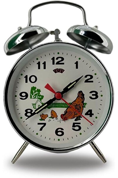 Coverzone Kurmalı Çift Çanlı Çalar Saat Tavuk ve Çiftlik Desenli Nostalji Mas...