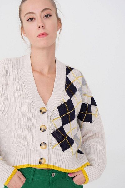 Addax Buttoned Front Diamond Patterned Knitted Cardigan H3125-b5