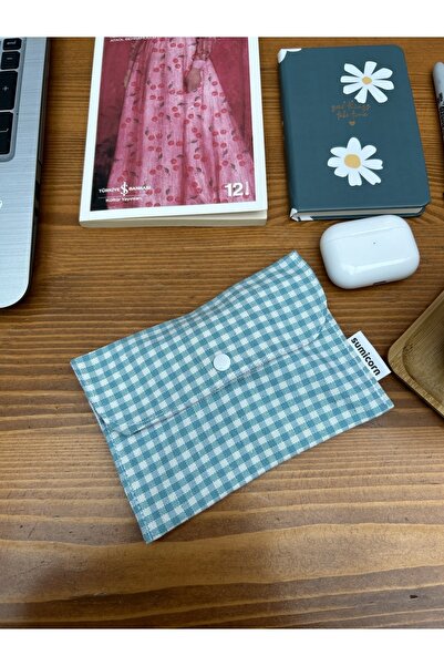 Sumicorn Design Turkuaz Pötikareli Yıkanabilir Çıtçıt Detaylı Ped Çantası, Mi...