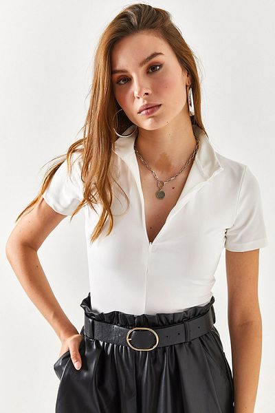 Olalook Women's White Zippered Lycral Crop Blouse BLZ-19002350