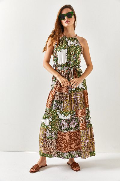 Olalook Women's Patch Green Halter Collar Belted Woven Viscon Dress ELB-19001548