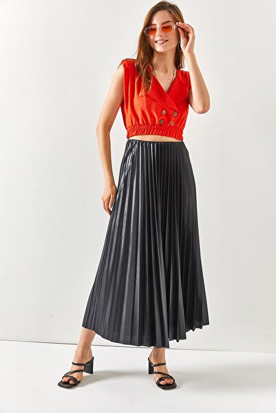 Olalook Γυναικεία μίντι φούστα καμπάνα μαύρη πλισέ ETK-19000247