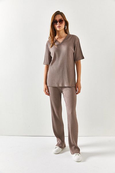 Olalook Women's Mink Top V-neck Bottom Palazzo Corded Suit TKM-19000212