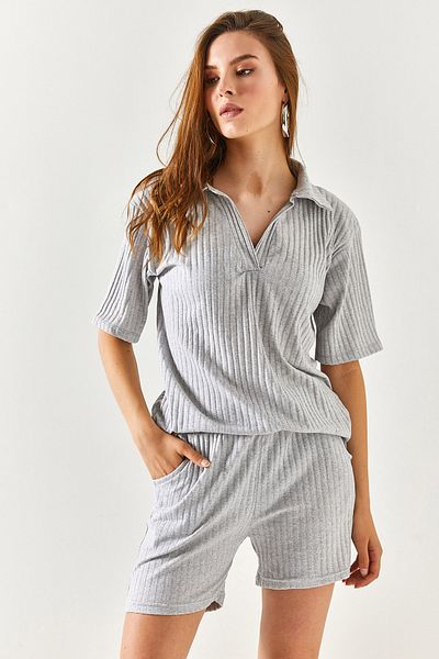 Olalook Women's Gray Polo Collar Top Pocket Shorts Ribbed Suit TKM-19000197