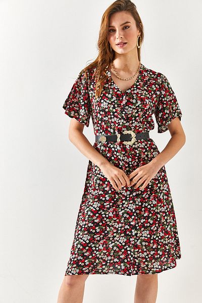 Olalook Women's Black V-Neck Belted Bell Shirt Dress ELB-19001930