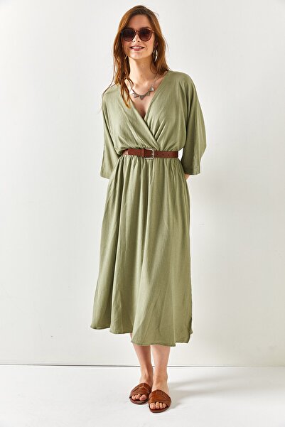 Olalook Γυναικείο Χακί Διπλό γιακά Σχισμές Νυχτερίδας στα Πλαϊνά Μίντι Φόρεμα ELB-19001931