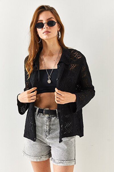 Olalook Kadın Siyah Gömlek Yakalı Düğmeli Ajurlu Pamuk Hırka HRK-19000227