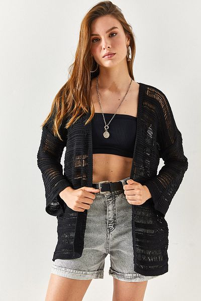 Olalook Cardigan din bumbac shabby cu dungi negre pentru femei HRK-19000228
