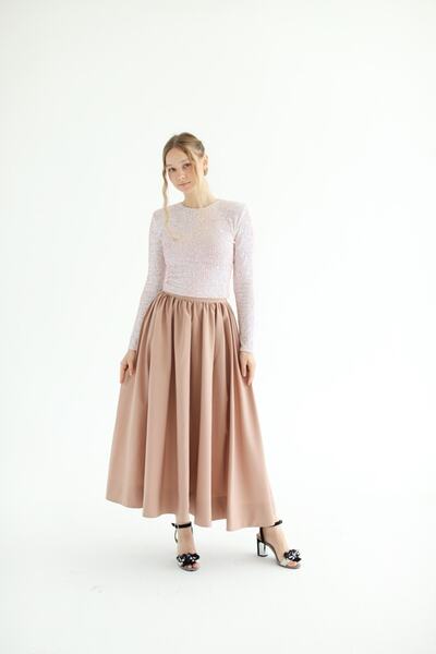 She Sea Bej Pamuk Tam Daire Büzgülü Kety Etek