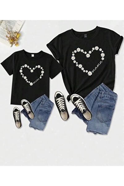 Machetta Özel Tasarım Papatya Kalp Baskılı Anne Çocuk Kombini T-shirt
