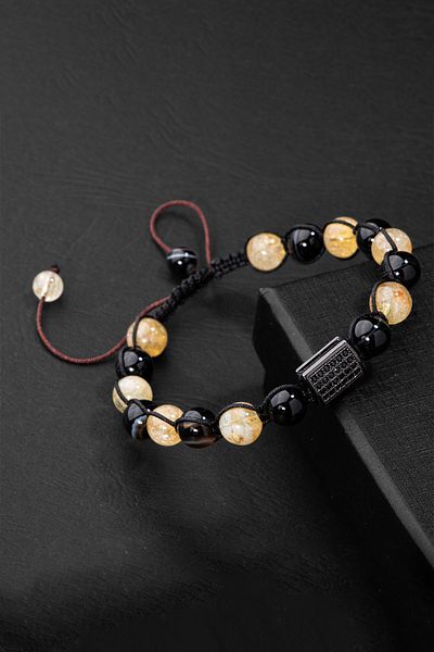 OSMANLI DOĞAL TAŞ CERTIFIED CITRINE BLACK EYE AGATE NATURAL STONE ZIRCON APPARATED MACRAME KNITTED BRACELET