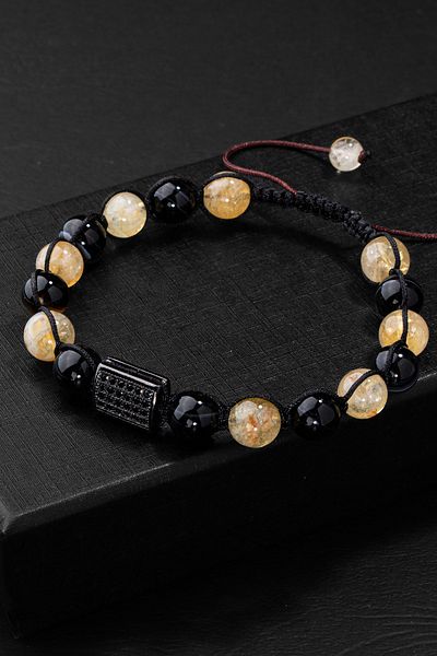 OSMANLI DOĞAL TAŞ CERTIFIED CITRINE BLACK EYE AGATE NATURAL STONE ZIRCON APPARATED MACRAME KNITTED BRACELET
