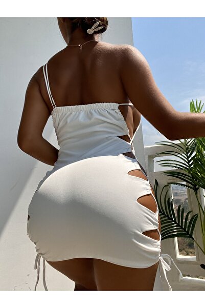 ENMADAM Beyaz Kadın Elbise Yan Bağcıklı Dekolteli Mini Elbise 5012