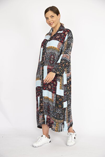 Şans Жіноча барвиста довга сукня з тканої віскозної тканини плюс розмір на ґудзиках 65n36473