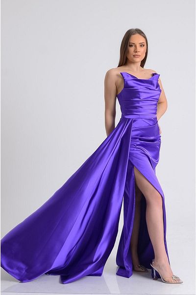 SpringStore Rochie de seara din satin cu fanta mov