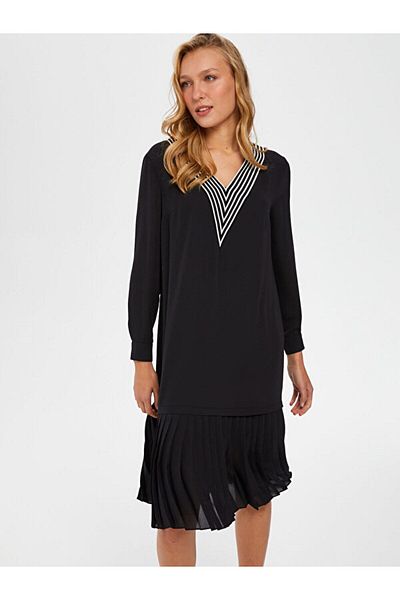 Faik Sönmez Striped Pattern Skirt Pleated Dress 66309