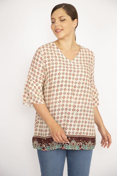 Şans Women's Colorful Plus Size Woven Viscose Fabric Flounce Sleeve Patterned Blouse 65n36519