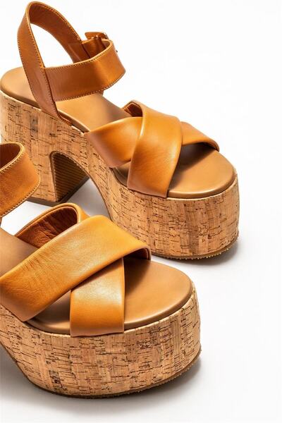 Elle Shoes Tan Leather Women's Heeled Sandals