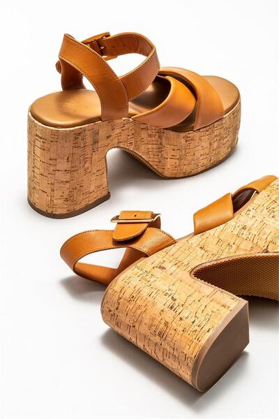 Elle Shoes Tan Leather Women's Heeled Sandals