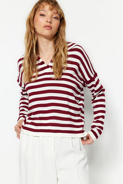 Trendyol Collection Claret Red Crop Striped Knitwear Sweater TWOAW22KZ1244