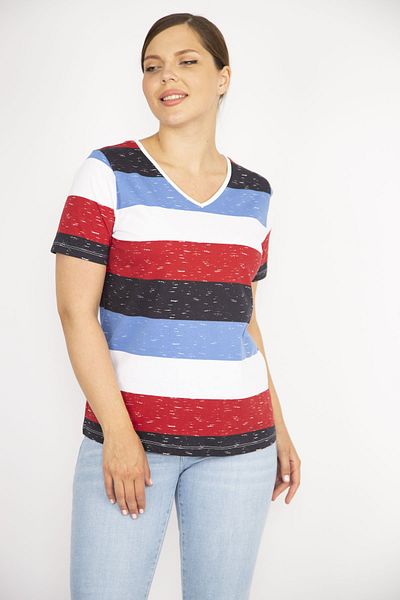 Şans Women's Colorful Large Size Cotton Fabric V-neck Short Sleeve Blouse 65n36511