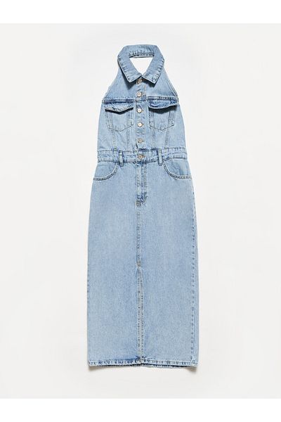 Dilvin 90514 Open Back Snow Wash Denim Dress-Blue