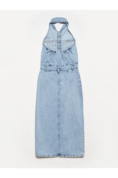 Dilvin 90514 Open Back Snow Wash Denim Dress-Blue