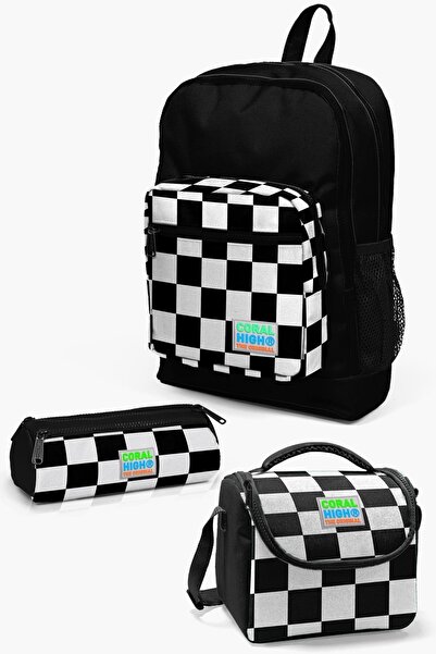 Coral High طقم حقائب مدرسية من 3 قطع بنقشة الشطرنج باللون الأسود للأطفال SET0...