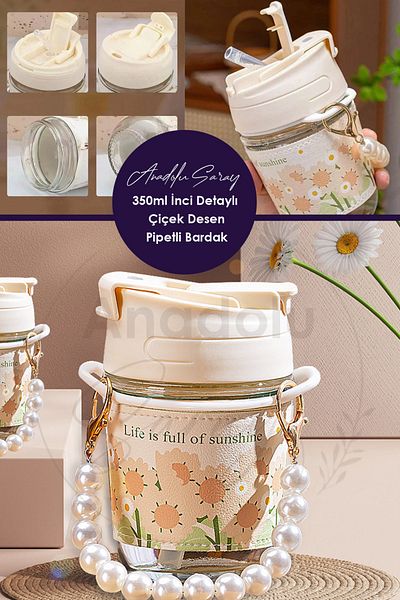 Anadolu Saray Çarşısı 350ml Coffee and Presentation Glass - Heat Resistant, Pearl Detailed Flower Patterned Glass with Straw