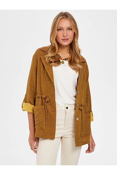 Faik Sönmez Büyük Beden Müslin Katlanabilir Kol Hardal Kadın Ceket U66248