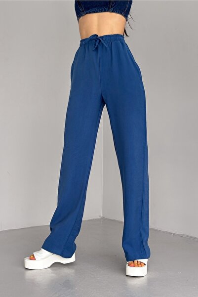 FEMELLE Women's Blue New Season Double Pocket Drawstring Waist Modal Fabric Wide Leg Trousers