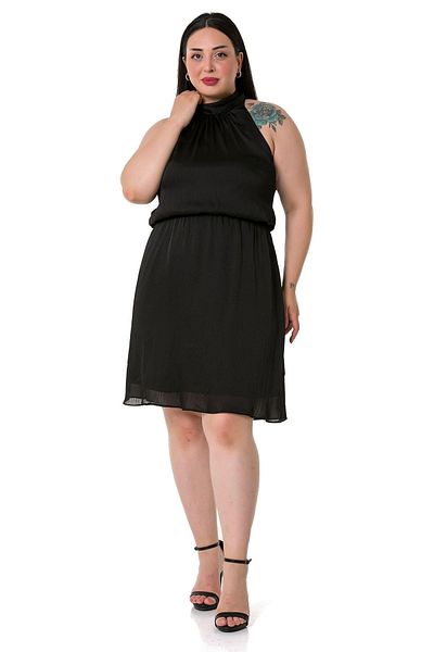DISENTIS MODEST Rochie Neagră Mini Satinată Dimensiune Plus Gât, Talie Elastică