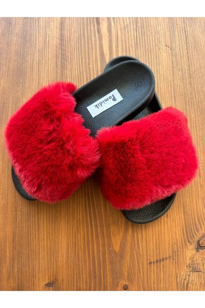 Pomidik Women's Burgundy Soft Loose Furry Summer House Slippers
