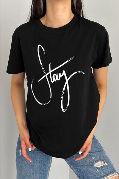 FEMELLE Tricou negru din bumbac brodat și cu mărgele cu gât roșu