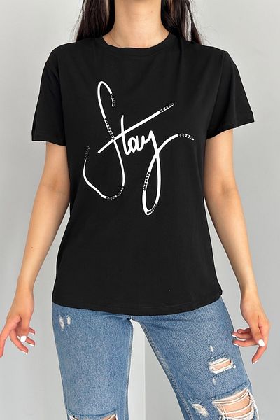 FEMELLE Tricou negru din bumbac brodat și cu mărgele cu gât roșu