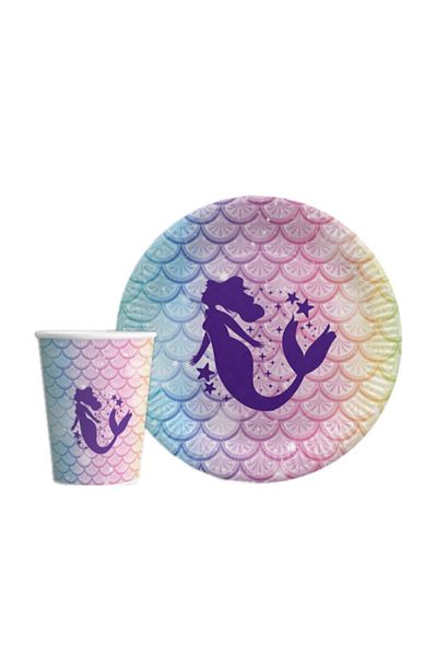Çemrek Süs Parti Mermaid Plate Cups 8 Pcs Party Sets