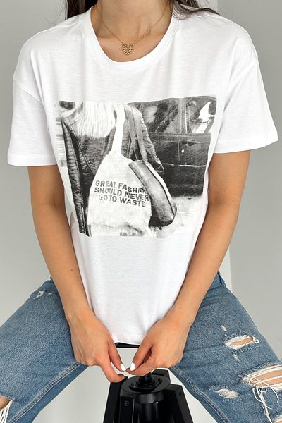 FEMELLE Tricou alb din bumbac imprimat nou sezon pentru femei