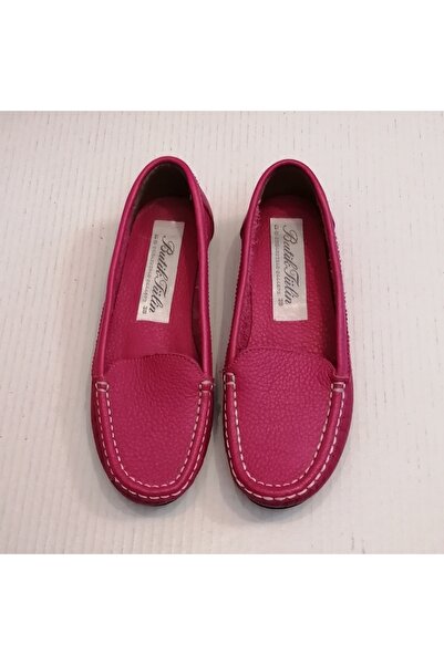 Butik Tülin Kadın Hakiki Dana Derisi Fuşya Rengi El Dikişli Yumuşak Kauçuk Ta...