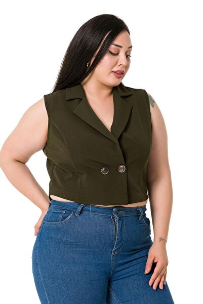 DISENTIS MODEST Plus Size Double Breasted Double Button Khaki Mini Vest