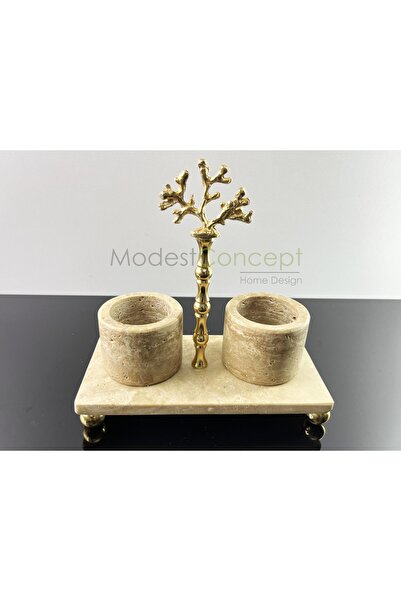 Modestmar Doğal Traverten Mermer Baharatlık Seti 3lü Pirinç Çubuklu Mercan Ob...