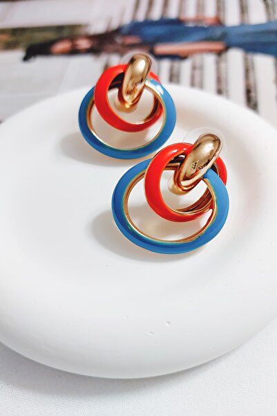 SEVİLLE AKSESUAR MARKA MODEL MAVİ TURUNCU İÇİÇE HALKA KÜPE