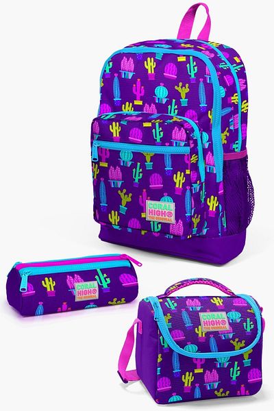 Coral High Set de geanți de școală pentru copii, violet, roz, cu model de cactus, 3 piese SET0123108