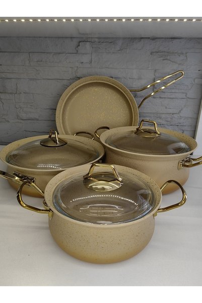 ALANYA HOME DECOR 7 PIECES INDUCTION LUXURIOUS GOLD GRANITE COOKWARE SET 7 PA...