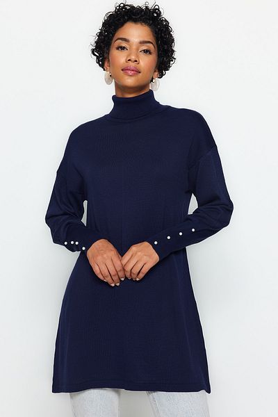 Trendyol Modest Indigo Pearl Detailed Turtleneck Knitwear Sweater TCTAW24AK00121