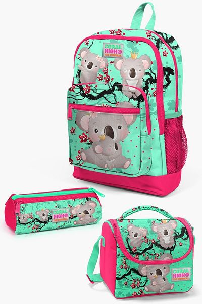 Coral High Kids Water Green Neon Coral Koala Patterned 3-Piece School Bag Set SET0123713