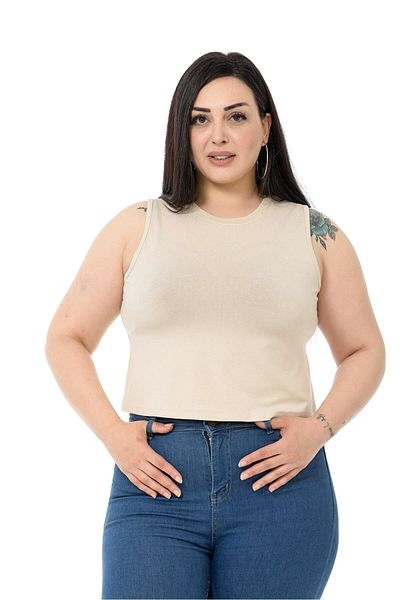 DISENTIS MODEST Plus Size Crew Deck Fără mâneci Crop Viscose Bej Body